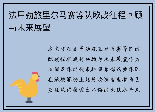 法甲劲旅里尔马赛等队欧战征程回顾与未来展望