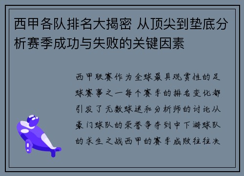 西甲各队排名大揭密 从顶尖到垫底分析赛季成功与失败的关键因素