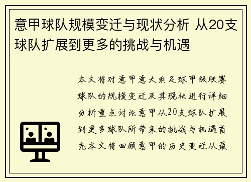意甲球队规模变迁与现状分析 从20支球队扩展到更多的挑战与机遇