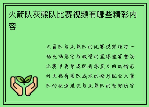 火箭队灰熊队比赛视频有哪些精彩内容